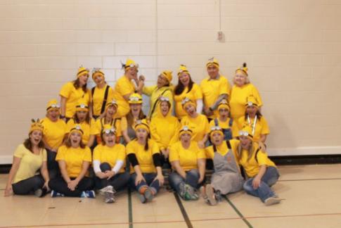 For Halloween the teachers at our school all dressed as minions. Unfortunately, our principal (Gru) missed the photo as he got called away to his sick daughter.